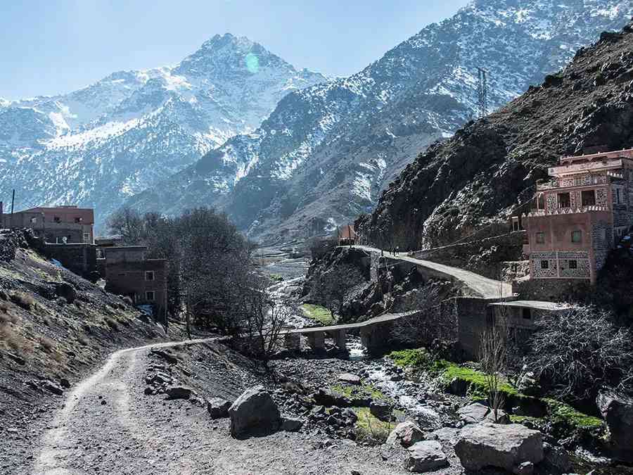 The road leading to Mount Toubkal offers stunning views of the High Atlas Mountains.