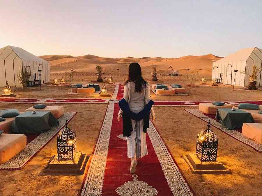 Embrace the serene beauty of the Sahara on our exclusive Marrakech to Fes desert tour, where luxury meets tradition at sunset.