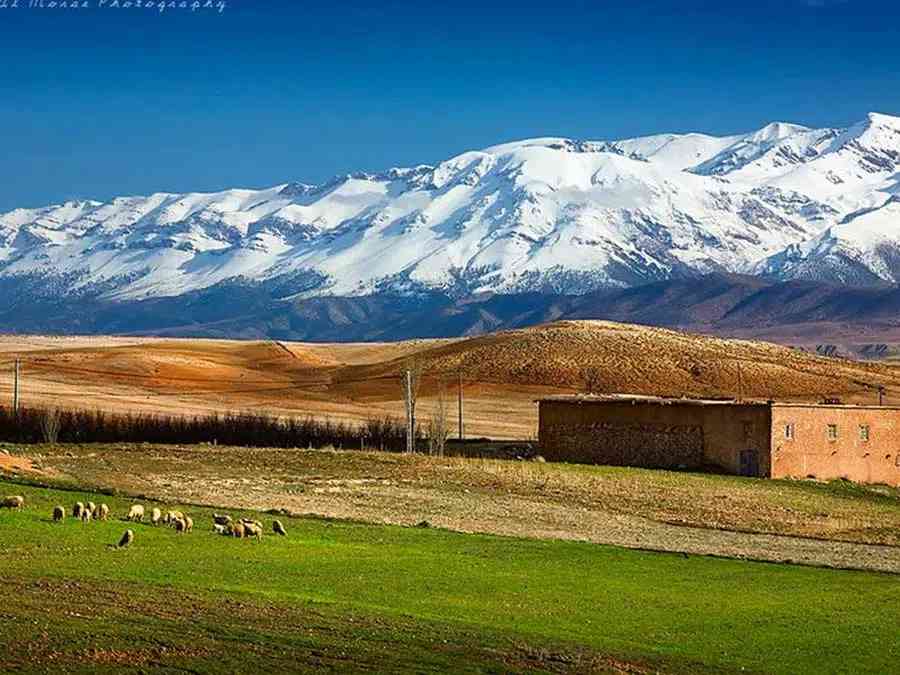 The majestic Atlas Mountains rise above rural tranquility, a breathtaking contrast during the Marrakech to Fes Sahara desert tour.